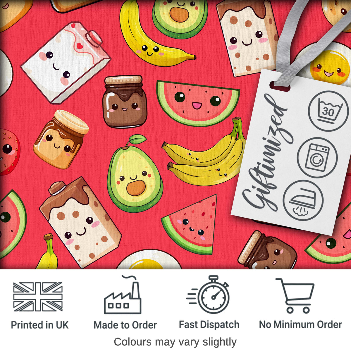 Cute Kawaii Breakfast Food Characters on Red Background Seamless Pattern Digital Print Fabric by the Metre UK Sewing Quilting Textile