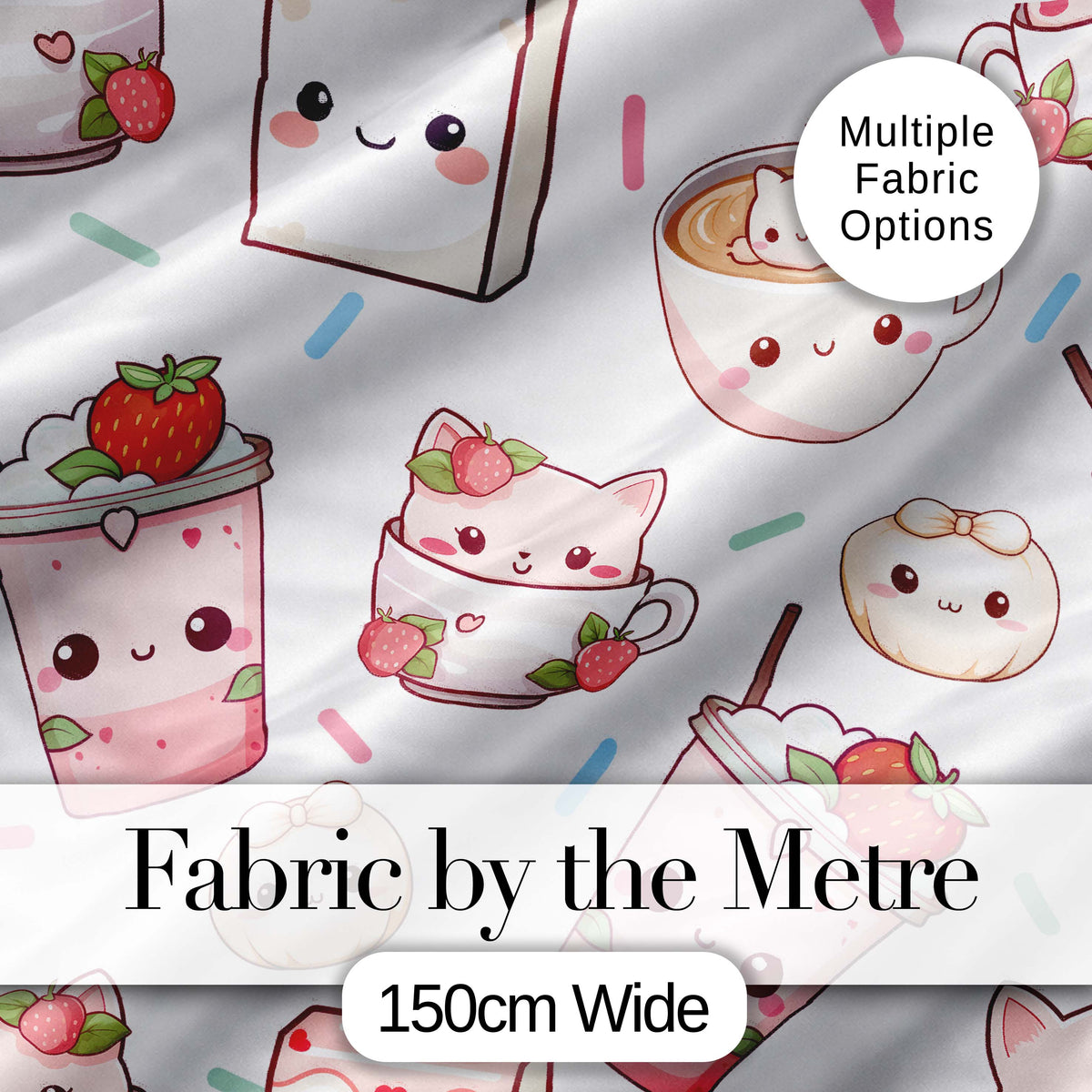 Cute Kawaii Strawberry Drinks and Cat Cups on White Background Seamless Pattern Digital Print Fabric by the Metre UK Sewing Quilting Textile