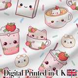 Cute Kawaii Strawberry Drinks and Cat Cups on White Background Seamless Pattern Digital Print Fabric by the Metre UK Sewing Quilting Textile
