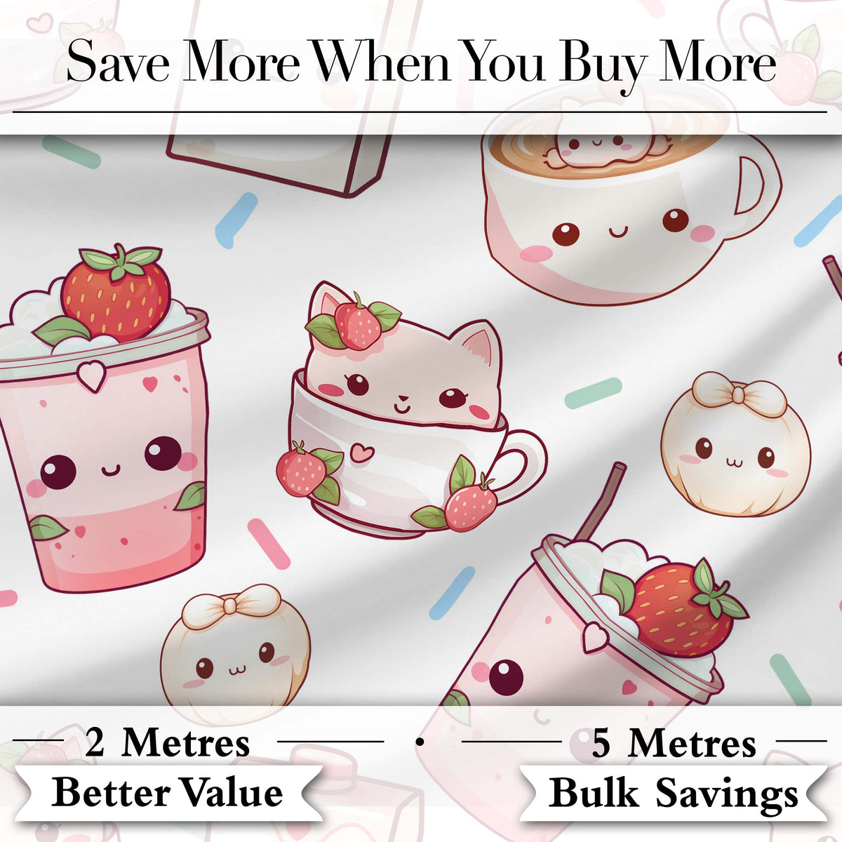 Cute Kawaii Strawberry Drinks and Cat Cups on White Background Seamless Pattern Digital Print Fabric by the Metre UK Sewing Quilting Textile