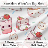 Cute Kawaii Strawberry Drinks and Cat Cups on White Background Seamless Pattern Digital Print Fabric by the Metre UK Sewing Quilting Textile