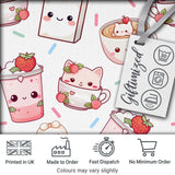 Cute Kawaii Strawberry Drinks and Cat Cups on White Background Seamless Pattern Digital Print Fabric by the Metre UK Sewing Quilting Textile