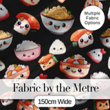 Cute Kawaii Sushi Rice Bowls and Noodles on Black Background Seamless Pattern Digital Print Fabric by the Metre UK Sewing Quilting Textile