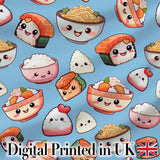 Cute Kawaii Sushi Rice Bowls and Noodles on Blue Background Seamless Pattern Digital Print Fabric by the Metre UK Sewing Quilting Textile