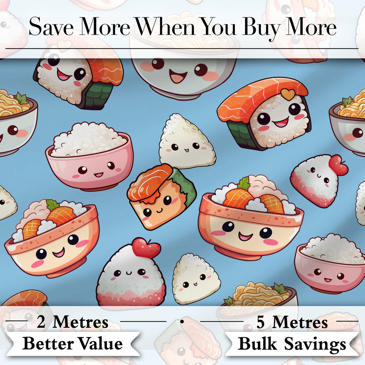Cute Kawaii Sushi Rice Bowls and Noodles on Blue Background Seamless Pattern Digital Print Fabric by the Metre UK Sewing Quilting Textile