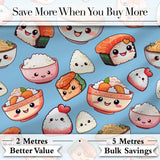 Cute Kawaii Sushi Rice Bowls and Noodles on Blue Background Seamless Pattern Digital Print Fabric by the Metre UK Sewing Quilting Textile