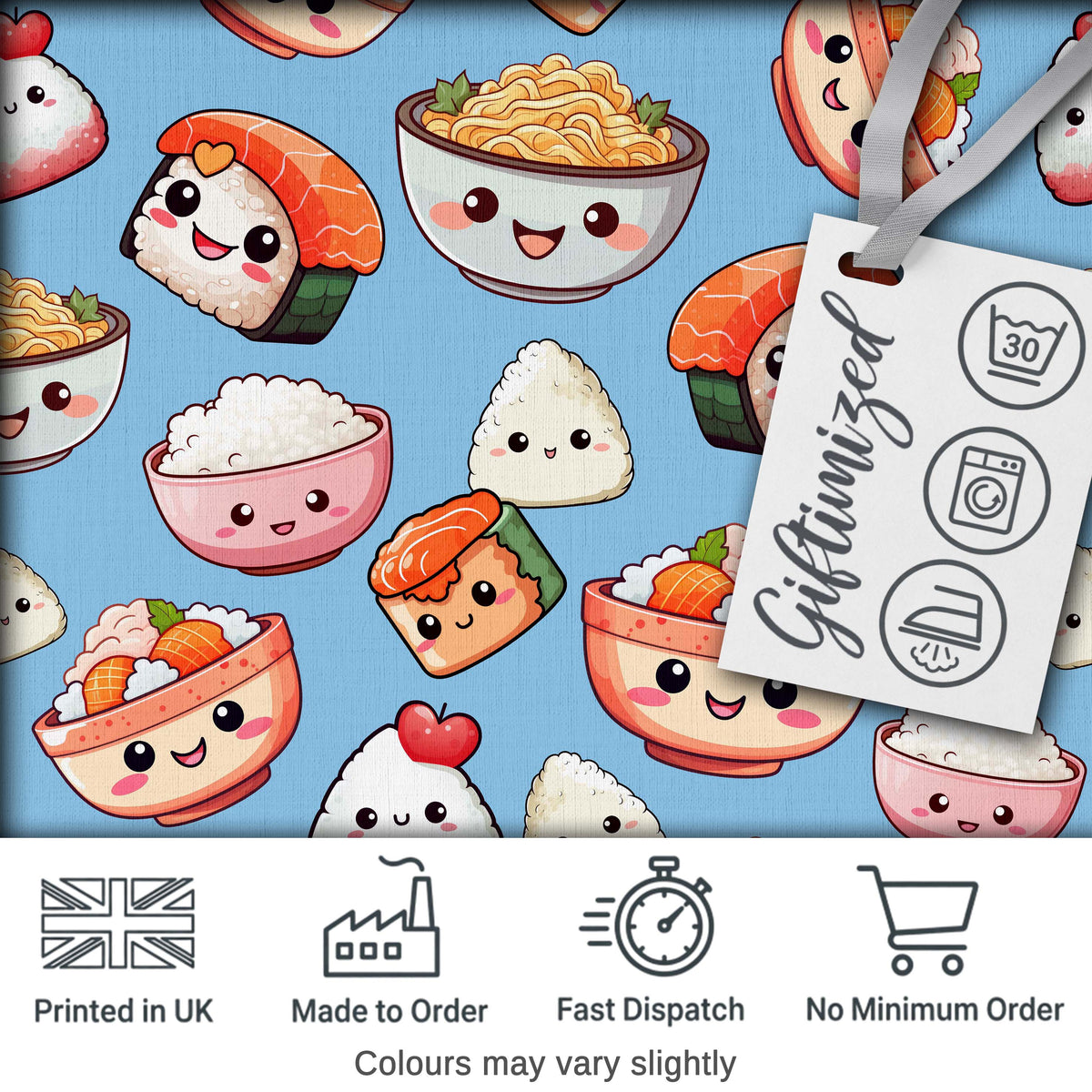 Cute Kawaii Sushi Rice Bowls and Noodles on Blue Background Seamless Pattern Digital Print Fabric by the Metre UK Sewing Quilting Textile