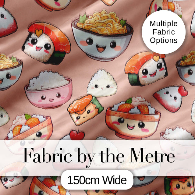 Cute Kawaii Sushi Rice Bowls and Noodles on Peach Background Seamless Pattern Digital Print Fabric by the Metre UK Sewing Quilting Textile
