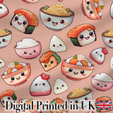 Cute Kawaii Sushi Rice Bowls and Noodles on Peach Background Seamless Pattern Digital Print Fabric by the Metre UK Sewing Quilting Textile