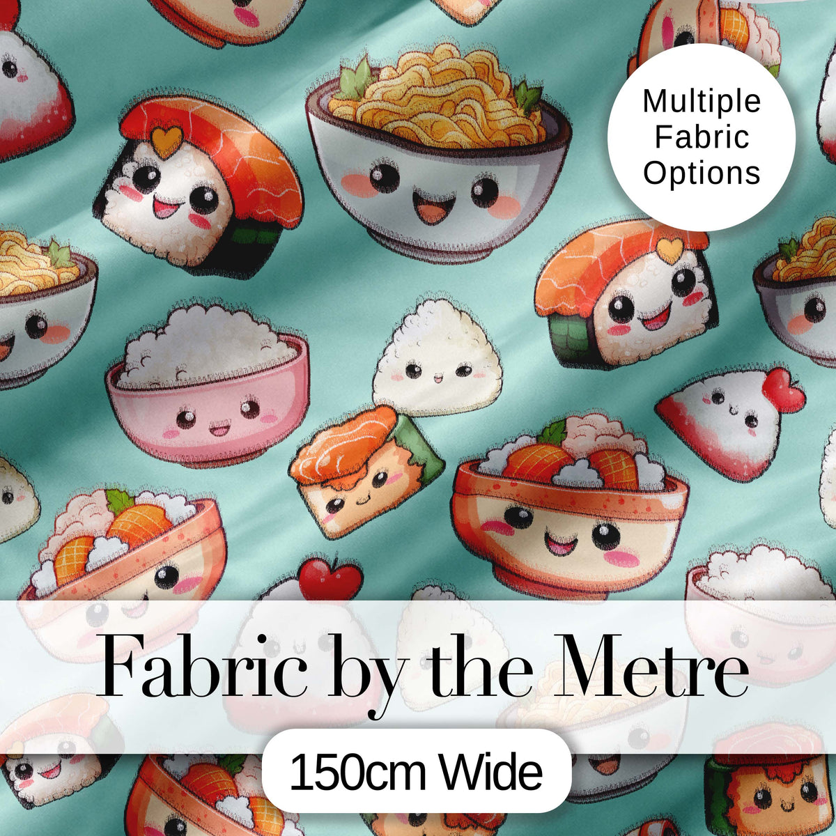 Cute Kawaii Sushi Rice Bowls and Noodles on Mint Background Seamless Pattern Digital Print Fabric by the Metre UK Sewing Quilting Textile