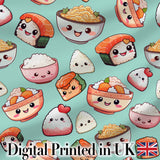 Cute Kawaii Sushi Rice Bowls and Noodles on Mint Background Seamless Pattern Digital Print Fabric by the Metre UK Sewing Quilting Textile