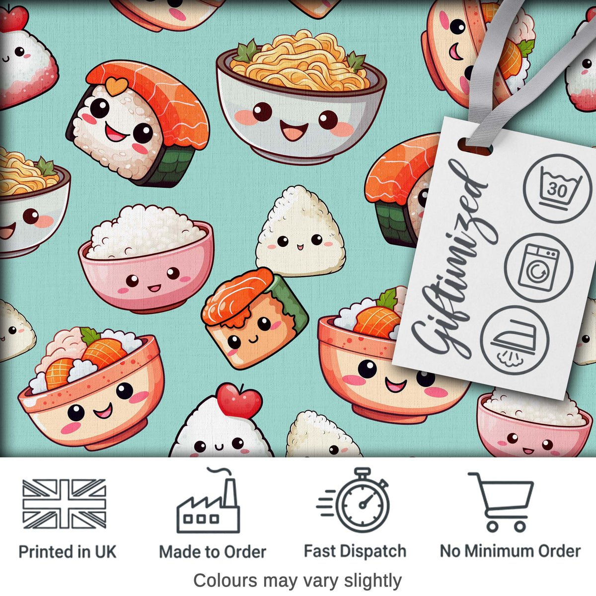 Cute Kawaii Sushi Rice Bowls and Noodles on Mint Background Seamless Pattern Digital Print Fabric by the Metre UK Sewing Quilting Textile