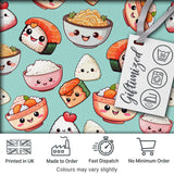 Cute Kawaii Sushi Rice Bowls and Noodles on Mint Background Seamless Pattern Digital Print Fabric by the Metre UK Sewing Quilting Textile