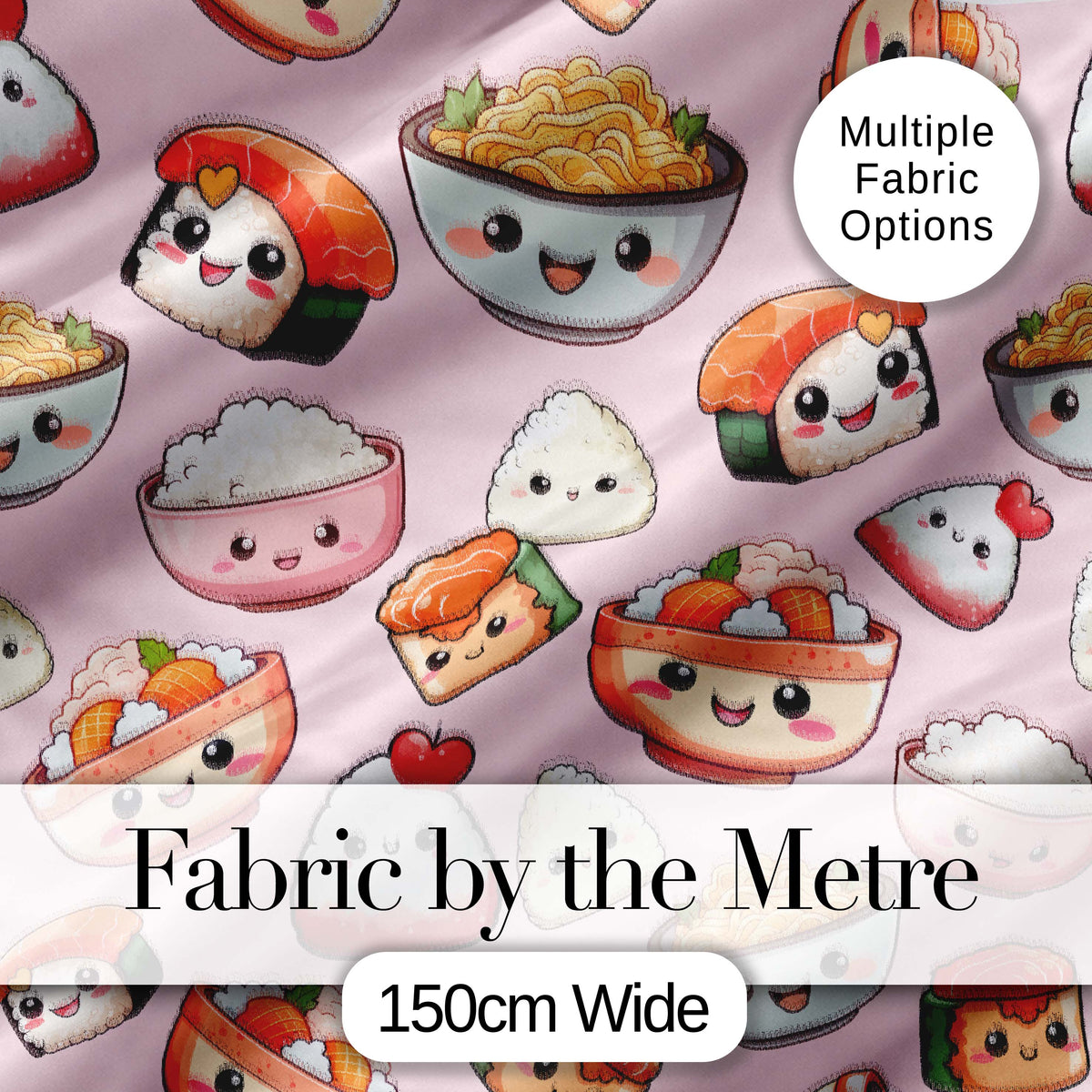 Kawaii Sushi Rice Bowls and Noodles on Light Pink  Seamless Pattern Digital Print Fabric by the Metre UK Sewing Quilting Textile