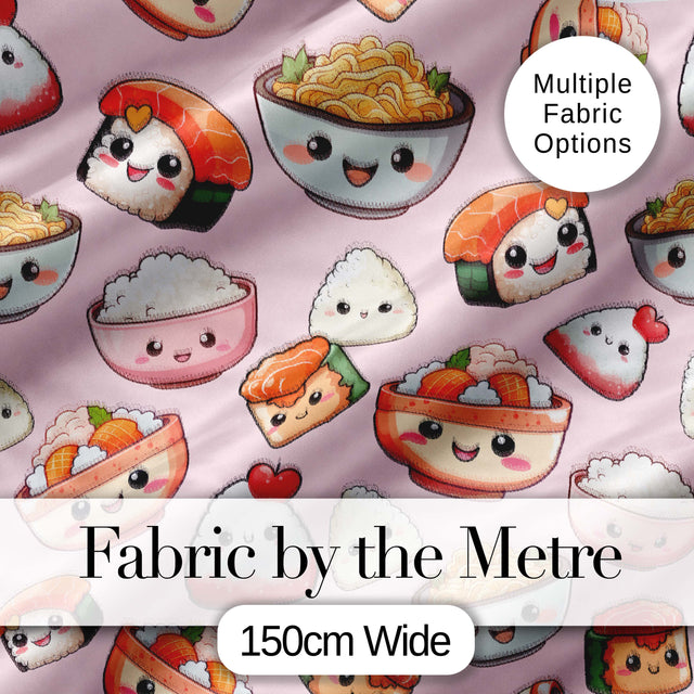 Kawaii Sushi Rice Bowls and Noodles on Light Pink  Seamless Pattern Digital Print Fabric by the Metre UK Sewing Quilting Textile