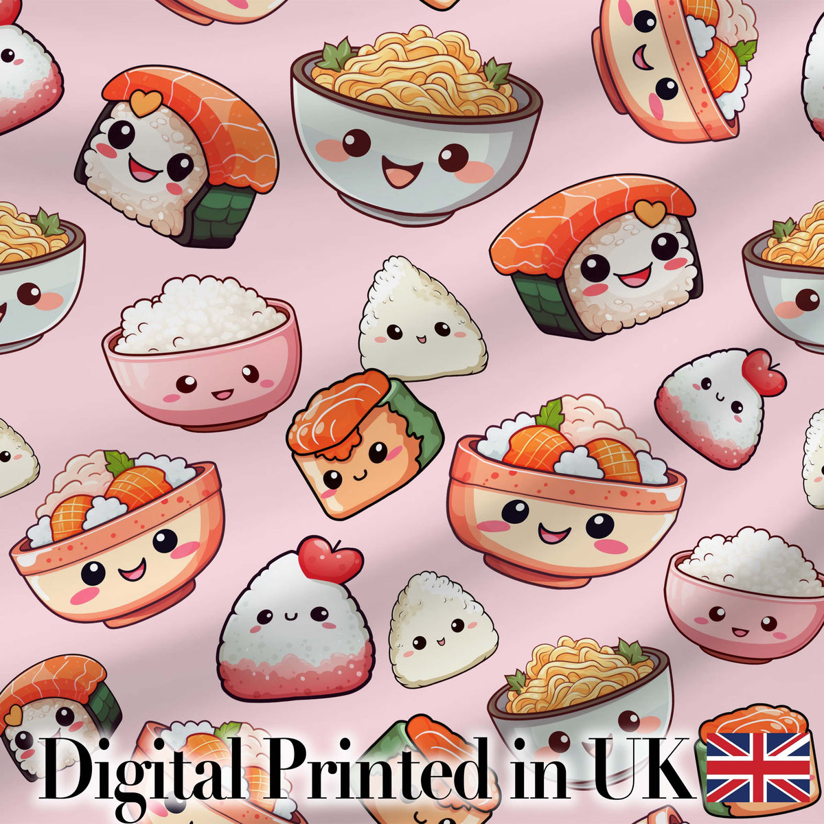Kawaii Sushi Rice Bowls and Noodles on Light Pink  Seamless Pattern Digital Print Fabric by the Metre UK Sewing Quilting Textile