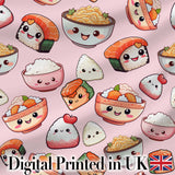 Kawaii Sushi Rice Bowls and Noodles on Light Pink  Seamless Pattern Digital Print Fabric by the Metre UK Sewing Quilting Textile