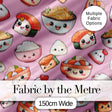 Cute Kawaii Sushi Rice Bowls and Noodles on Pink Background Seamless Pattern Digital Print Fabric by the Metre UK Sewing Quilting Textile