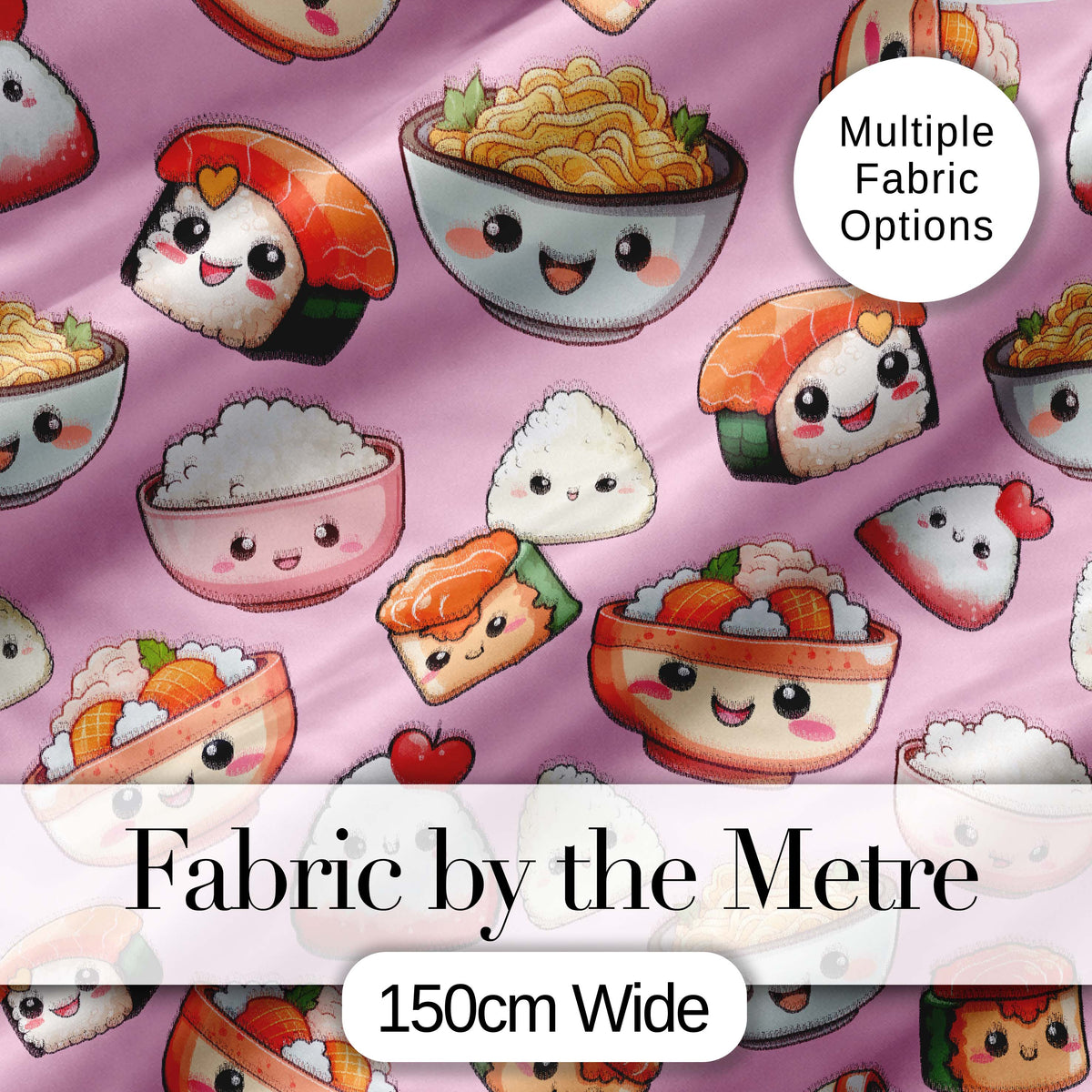 Cute Kawaii Sushi Rice Bowls and Noodles on Pink Background Seamless Pattern Digital Print Fabric by the Metre UK Sewing Quilting Textile
