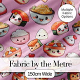 Cute Kawaii Sushi Rice Bowls and Noodles on Pink Background Seamless Pattern Digital Print Fabric by the Metre UK Sewing Quilting Textile