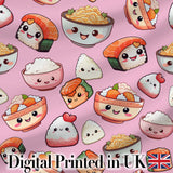 Cute Kawaii Sushi Rice Bowls and Noodles on Pink Background Seamless Pattern Digital Print Fabric by the Metre UK Sewing Quilting Textile