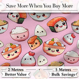Cute Kawaii Sushi Rice Bowls and Noodles on Pink Background Seamless Pattern Digital Print Fabric by the Metre UK Sewing Quilting Textile