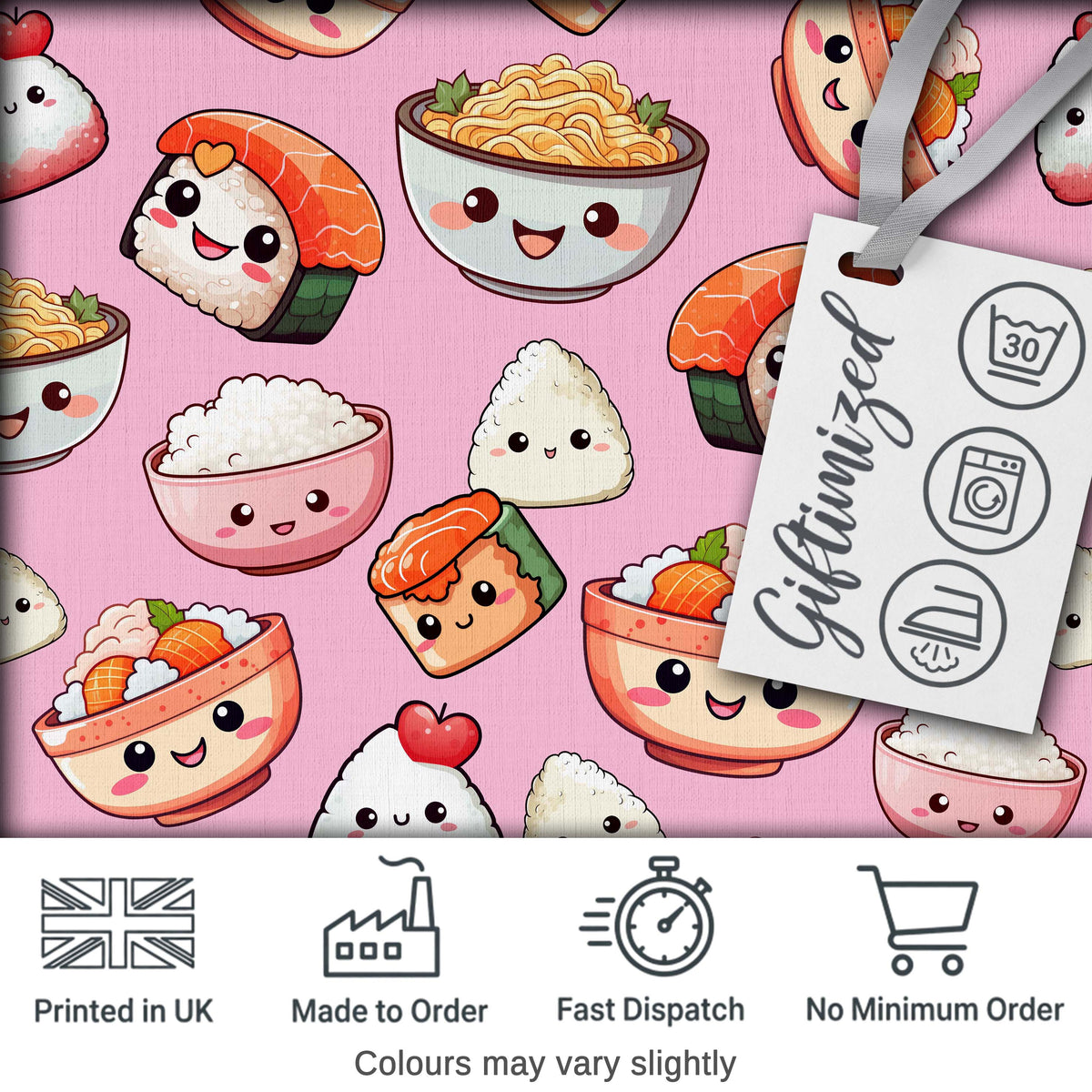 Cute Kawaii Sushi Rice Bowls and Noodles on Pink Background Seamless Pattern Digital Print Fabric by the Metre UK Sewing Quilting Textile