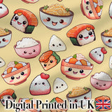 Cute Kawaii Sushi Rice Bowls and Noodles on Beige Background Seamless Pattern Digital Print Fabric by the Metre UK Sewing Quilting Textile