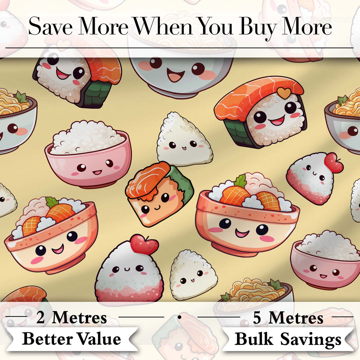 Cute Kawaii Sushi Rice Bowls and Noodles on Beige Background Seamless Pattern Digital Print Fabric by the Metre UK Sewing Quilting Textile