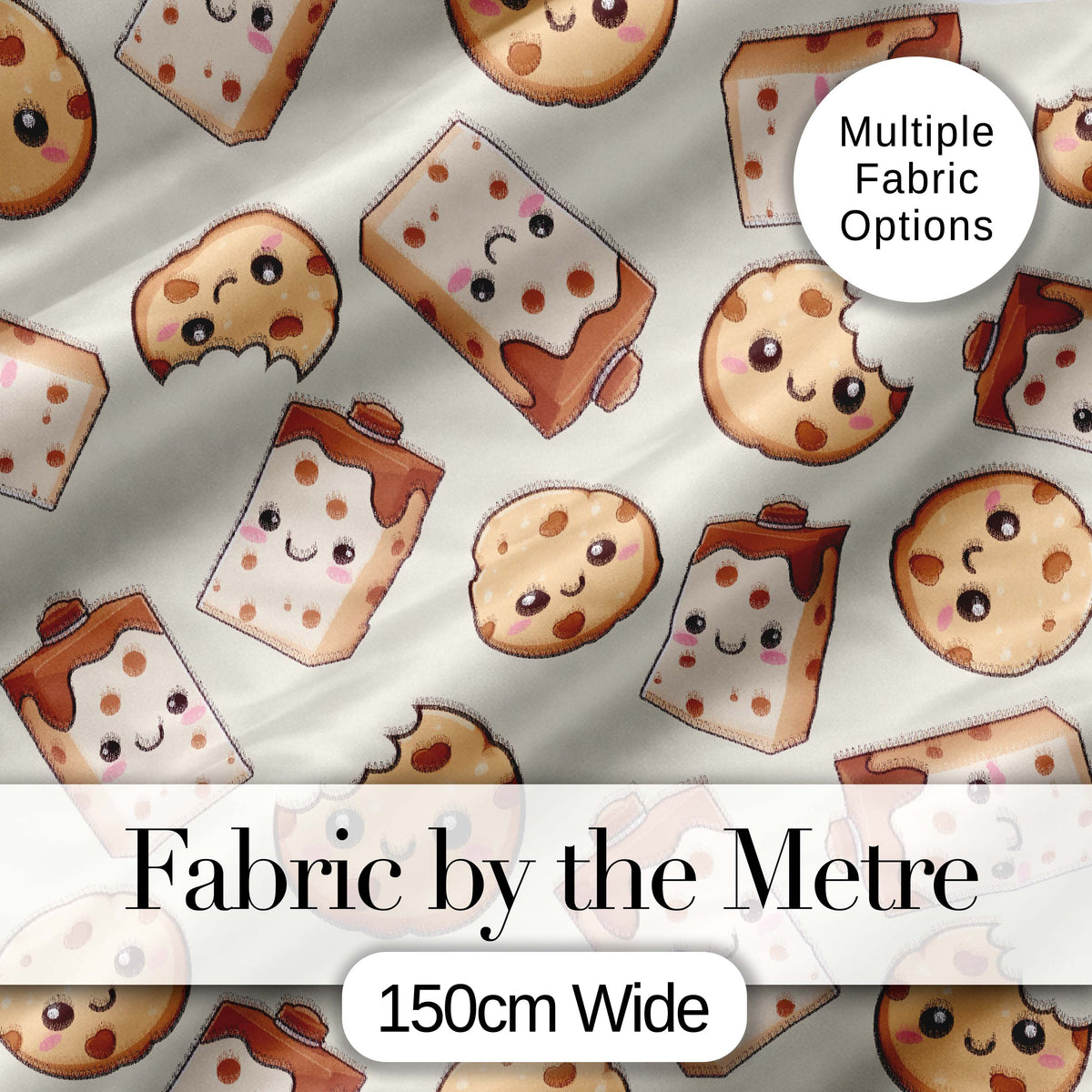 Cute Kawaii Cookies and Milk Cartons on Cream Background Seamless Pattern Digital Print Fabric by the Metre UK Sewing Quilting Textile