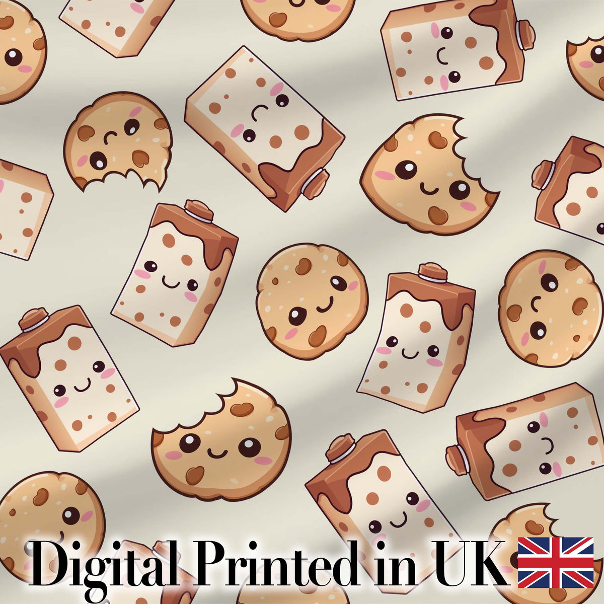 Cute Kawaii Cookies and Milk Cartons on Cream Background Seamless Pattern Digital Print Fabric by the Metre UK Sewing Quilting Textile