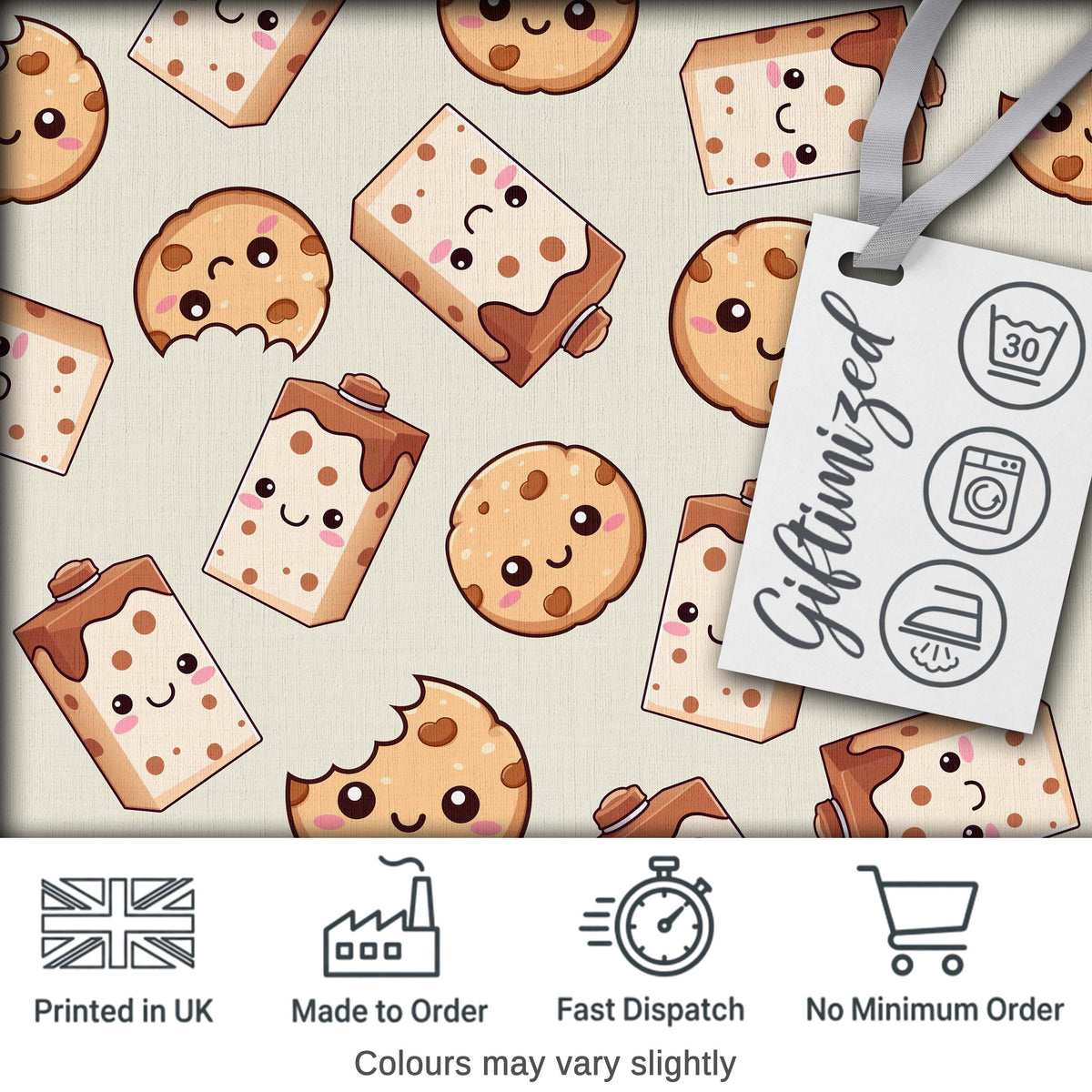 Cute Kawaii Cookies and Milk Cartons on Cream Background Seamless Pattern Digital Print Fabric by the Metre UK Sewing Quilting Textile