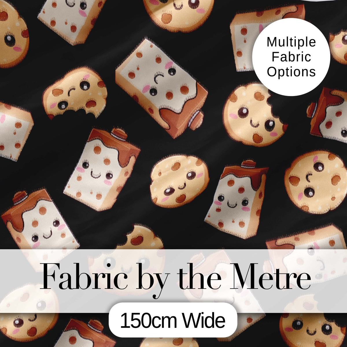 Cute Kawaii Cookies and Milk Cartons on Black Background Seamless Pattern Digital Print Fabric by the Metre UK Sewing Quilting Textile