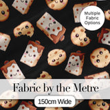 Cute Kawaii Cookies and Milk Cartons on Black Background Seamless Pattern Digital Print Fabric by the Metre UK Sewing Quilting Textile