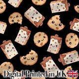 Cute Kawaii Cookies and Milk Cartons on Black Background Seamless Pattern Digital Print Fabric by the Metre UK Sewing Quilting Textile
