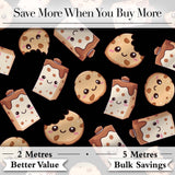 Cute Kawaii Cookies and Milk Cartons on Black Background Seamless Pattern Digital Print Fabric by the Metre UK Sewing Quilting Textile