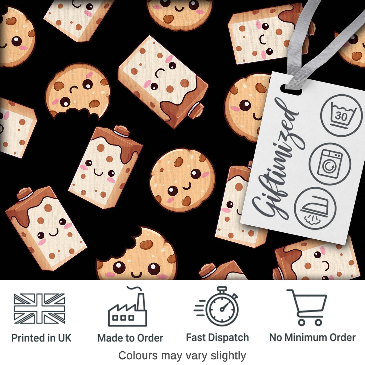 Cute Kawaii Cookies and Milk Cartons on Black Background Seamless Pattern Digital Print Fabric by the Metre UK Sewing Quilting Textile