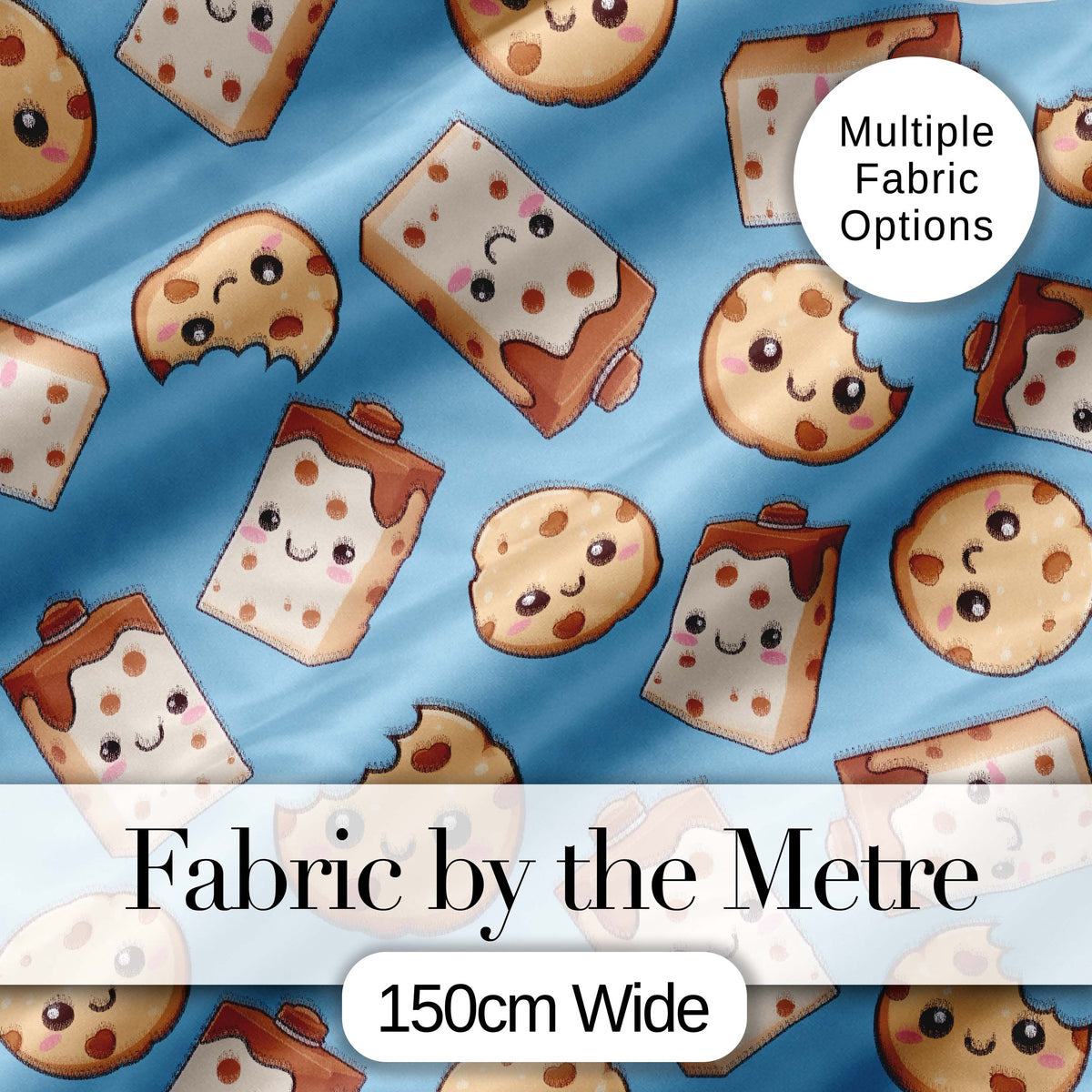 Cute Kawaii Cookies and Milk Cartons on Blue Background Seamless Pattern Digital Print Fabric by the Metre UK Sewing Quilting Textile