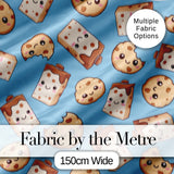 Cute Kawaii Cookies and Milk Cartons on Blue Background Seamless Pattern Digital Print Fabric by the Metre UK Sewing Quilting Textile