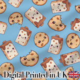 Cute Kawaii Cookies and Milk Cartons on Blue Background Seamless Pattern Digital Print Fabric by the Metre UK Sewing Quilting Textile