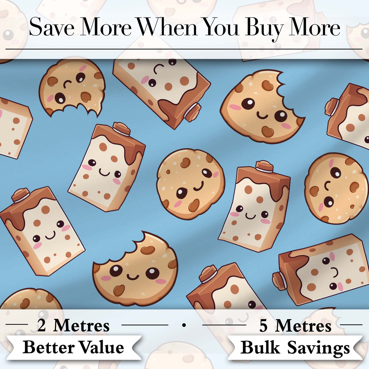 Cute Kawaii Cookies and Milk Cartons on Blue Background Seamless Pattern Digital Print Fabric by the Metre UK Sewing Quilting Textile