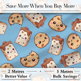 Cute Kawaii Cookies and Milk Cartons on Blue Background Seamless Pattern Digital Print Fabric by the Metre UK Sewing Quilting Textile