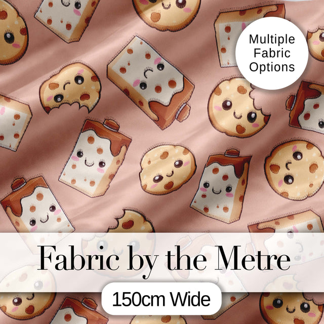 Cute Kawaii Cookies and Milk Cartons on Peach Background Seamless Pattern Digital Print Fabric by the Metre UK Sewing Quilting Textile