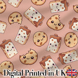 Cute Kawaii Cookies and Milk Cartons on Peach Background Seamless Pattern Digital Print Fabric by the Metre UK Sewing Quilting Textile
