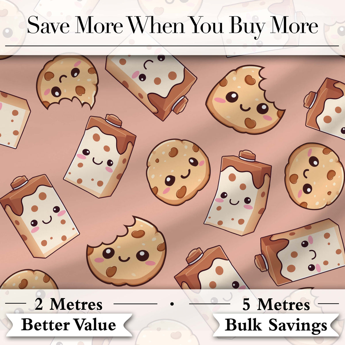 Cute Kawaii Cookies and Milk Cartons on Peach Background Seamless Pattern Digital Print Fabric by the Metre UK Sewing Quilting Textile
