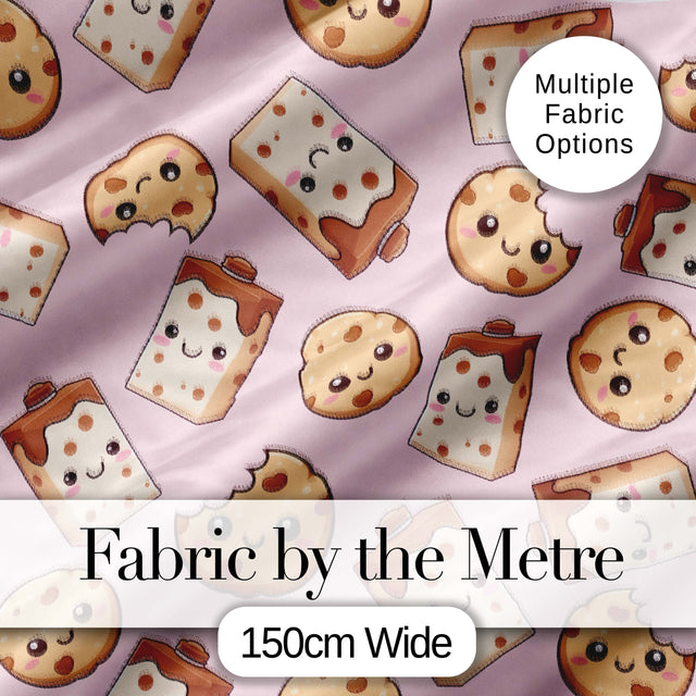 Cute Kawaii Cookies and Milk Cartons on Pink Background Seamless Pattern Digital Print Fabric by the Metre UK Sewing Quilting Textile