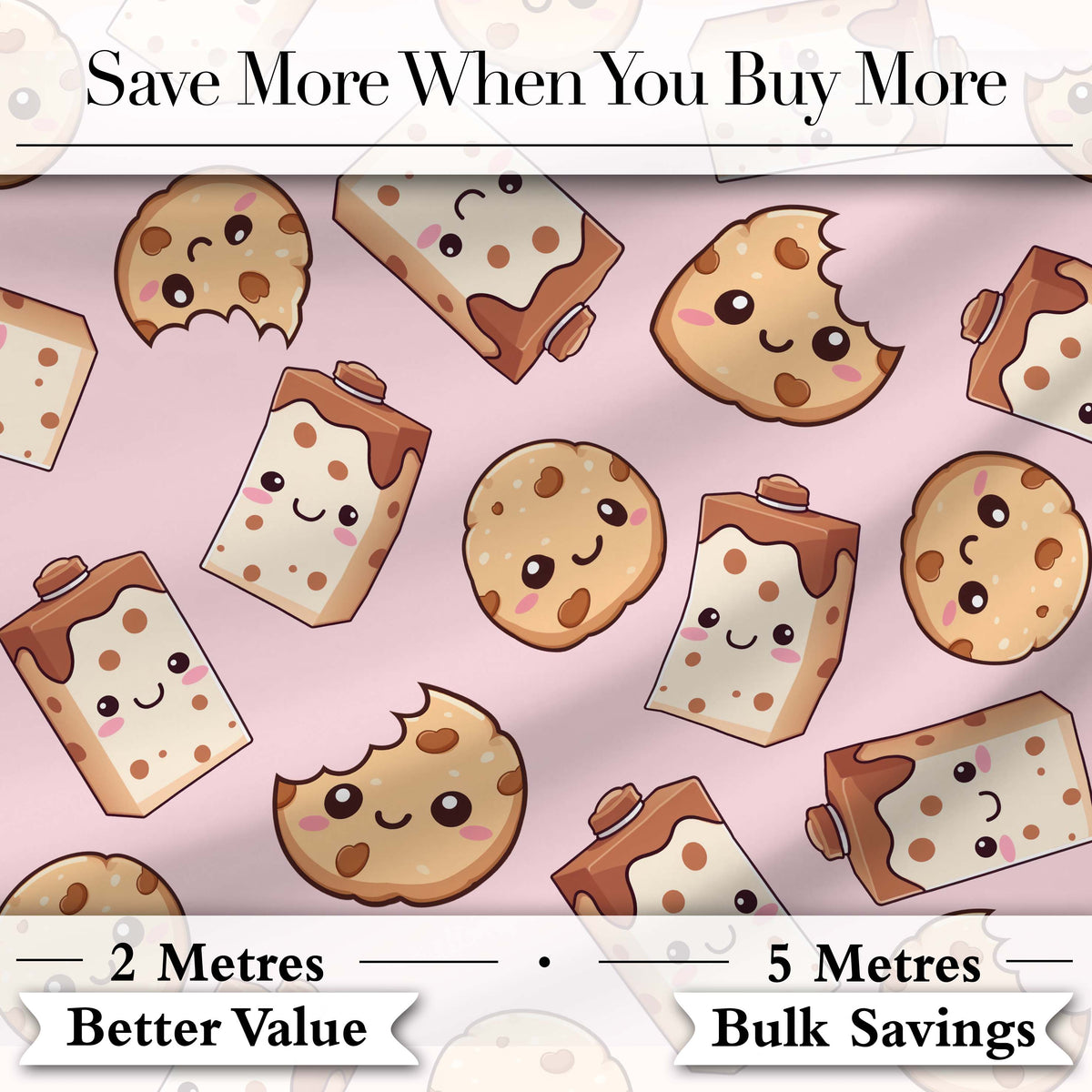 Cute Kawaii Cookies and Milk Cartons on Pink Background Seamless Pattern Digital Print Fabric by the Metre UK Sewing Quilting Textile