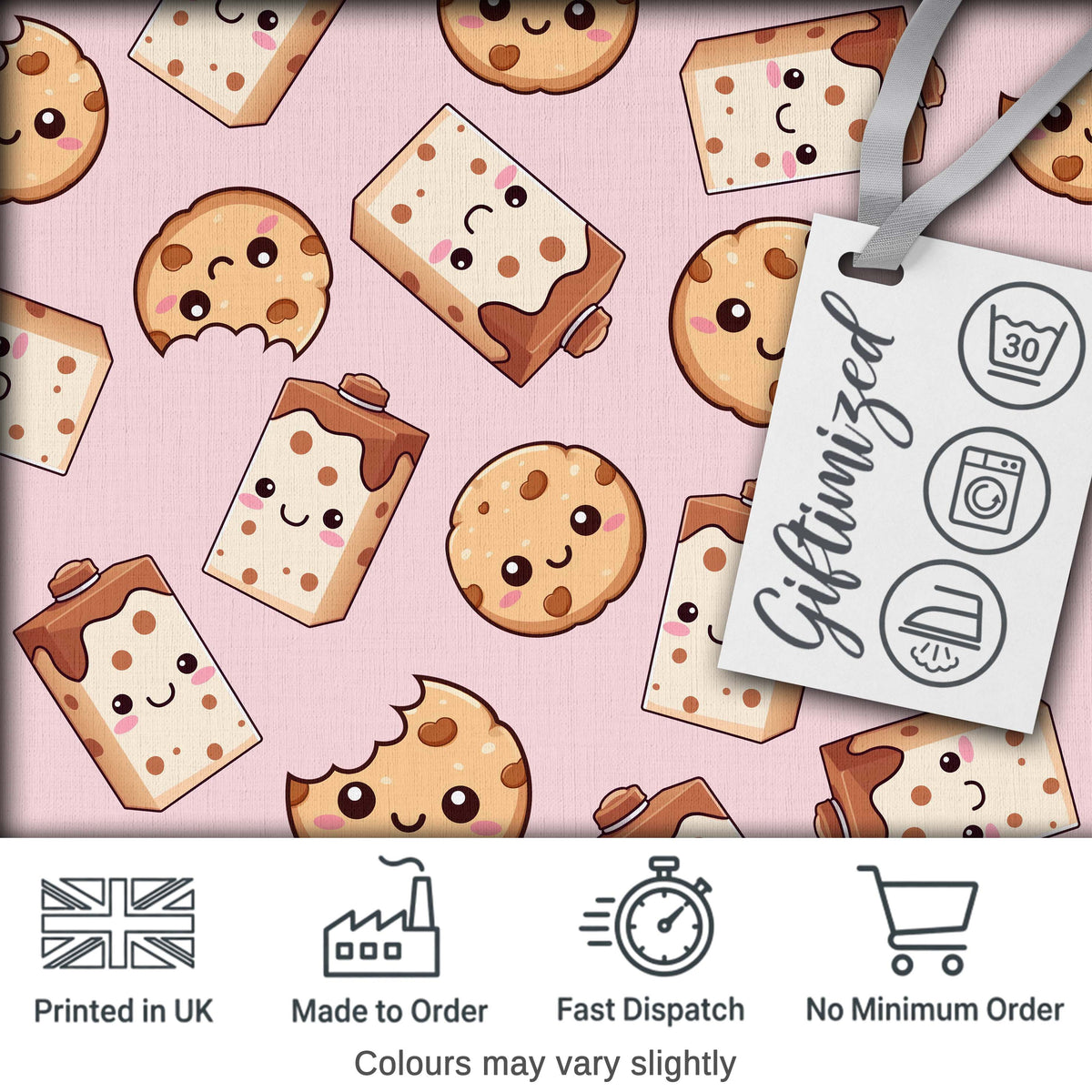 Cute Kawaii Cookies and Milk Cartons on Pink Background Seamless Pattern Digital Print Fabric by the Metre UK Sewing Quilting Textile