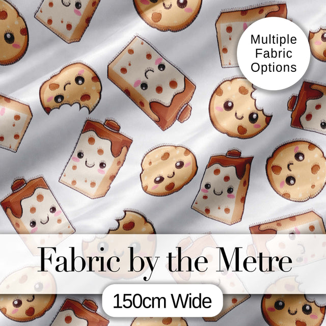 Cute Kawaii Cookies and Milk Cartons on White Background Seamless Pattern Digital Print Fabric by the Metre UK Sewing Quilting Textile