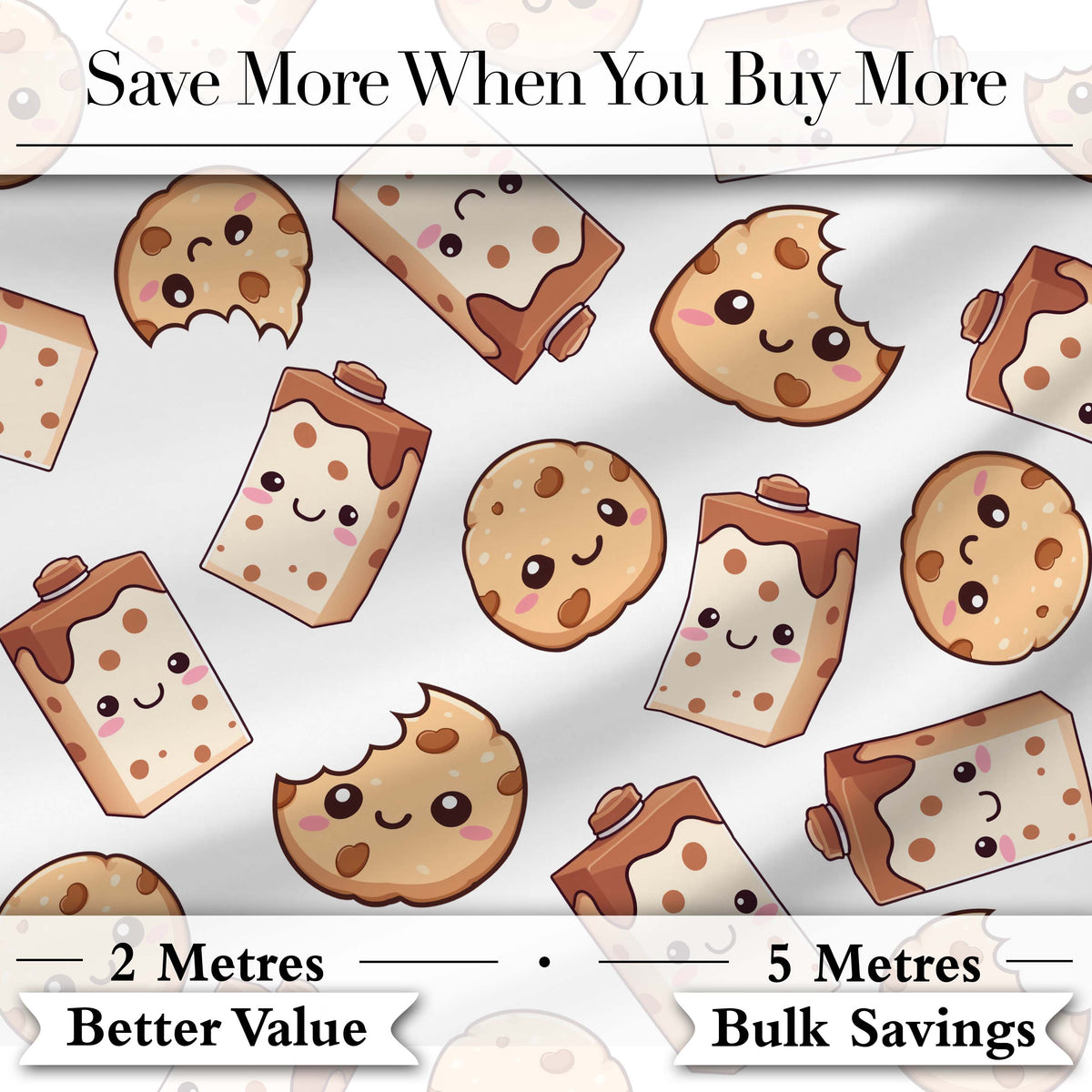 Cute Kawaii Cookies and Milk Cartons on White Background Seamless Pattern Digital Print Fabric by the Metre UK Sewing Quilting Textile